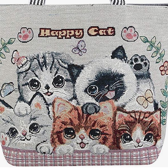 NEW “Happy Cat” Large Canvas Zip Tote Shopper Bag Cute Kittens Vintage Style - Picture 3 of 12
